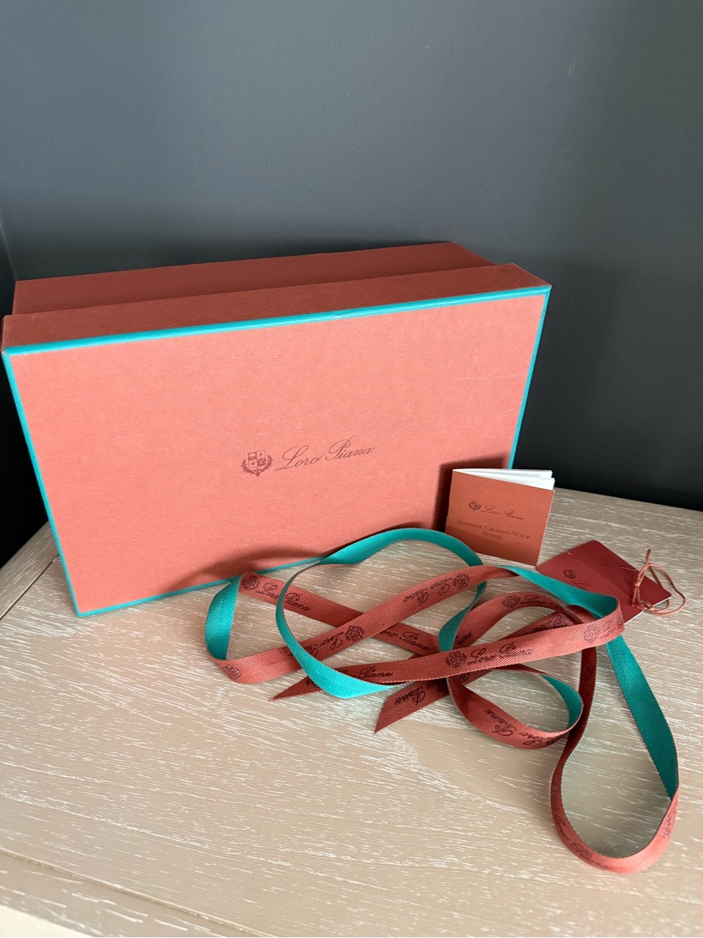 Loro Piana Coral and Teal Gift Box with Ribbon, Card & Wood Ball